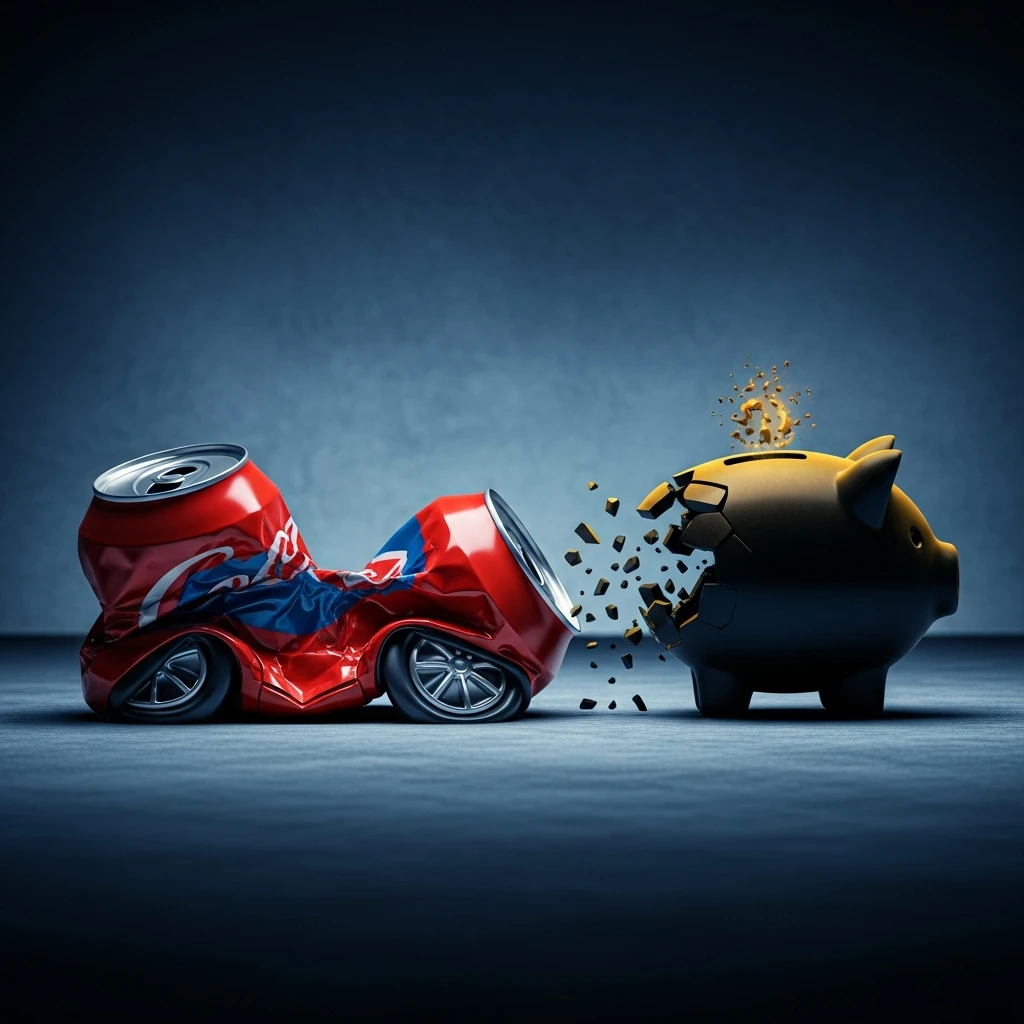Crumpled ultra-cheap car symbolizing financial and structural failure next to a broken piggy bank.