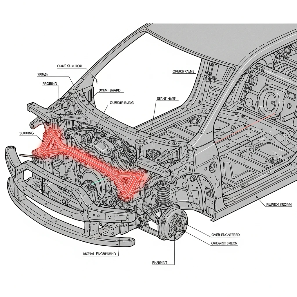 Automotive blueprint showing a critical, highlighted weak point in the chassis design.