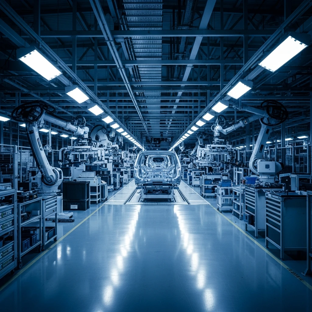 Empty, modern factory floor symbolizing discontinued production of low-profit vehicles.