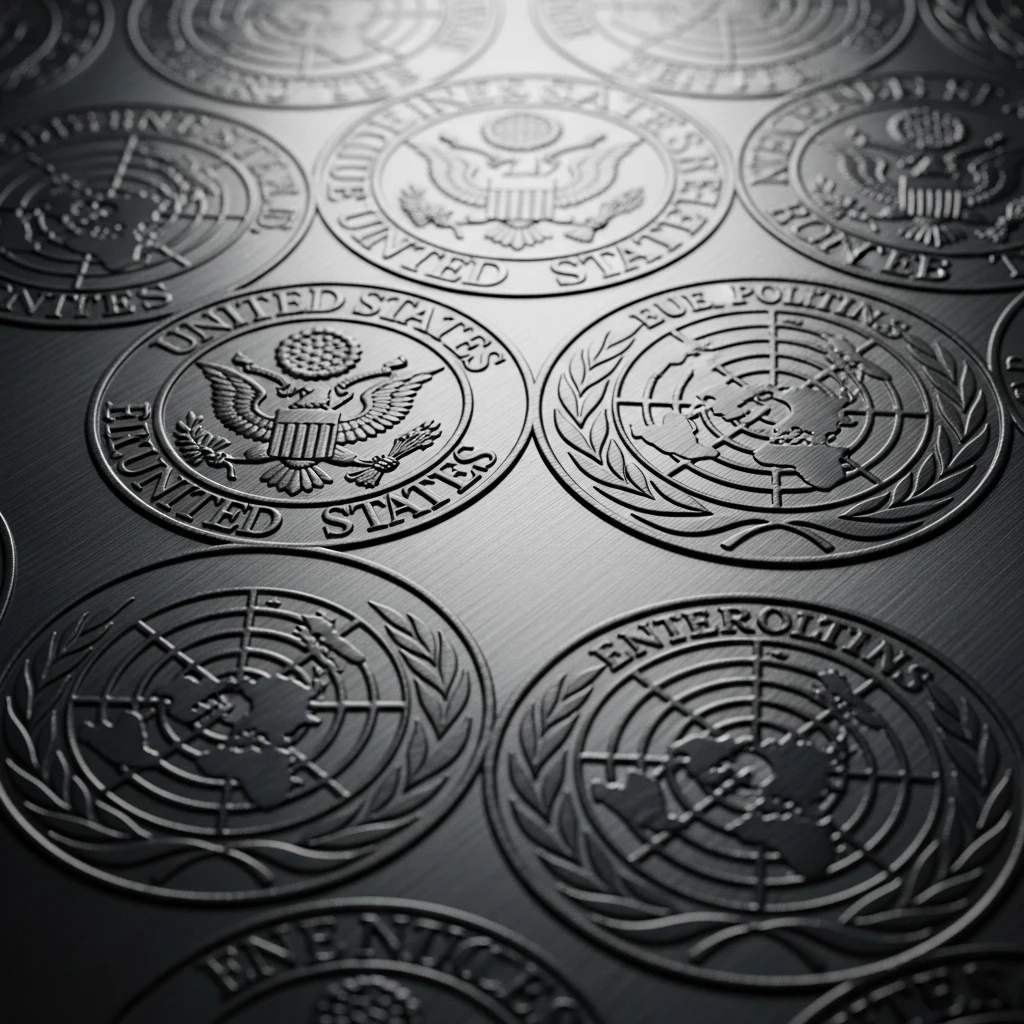 Texture of intersecting government seals stamped onto metallic surface.