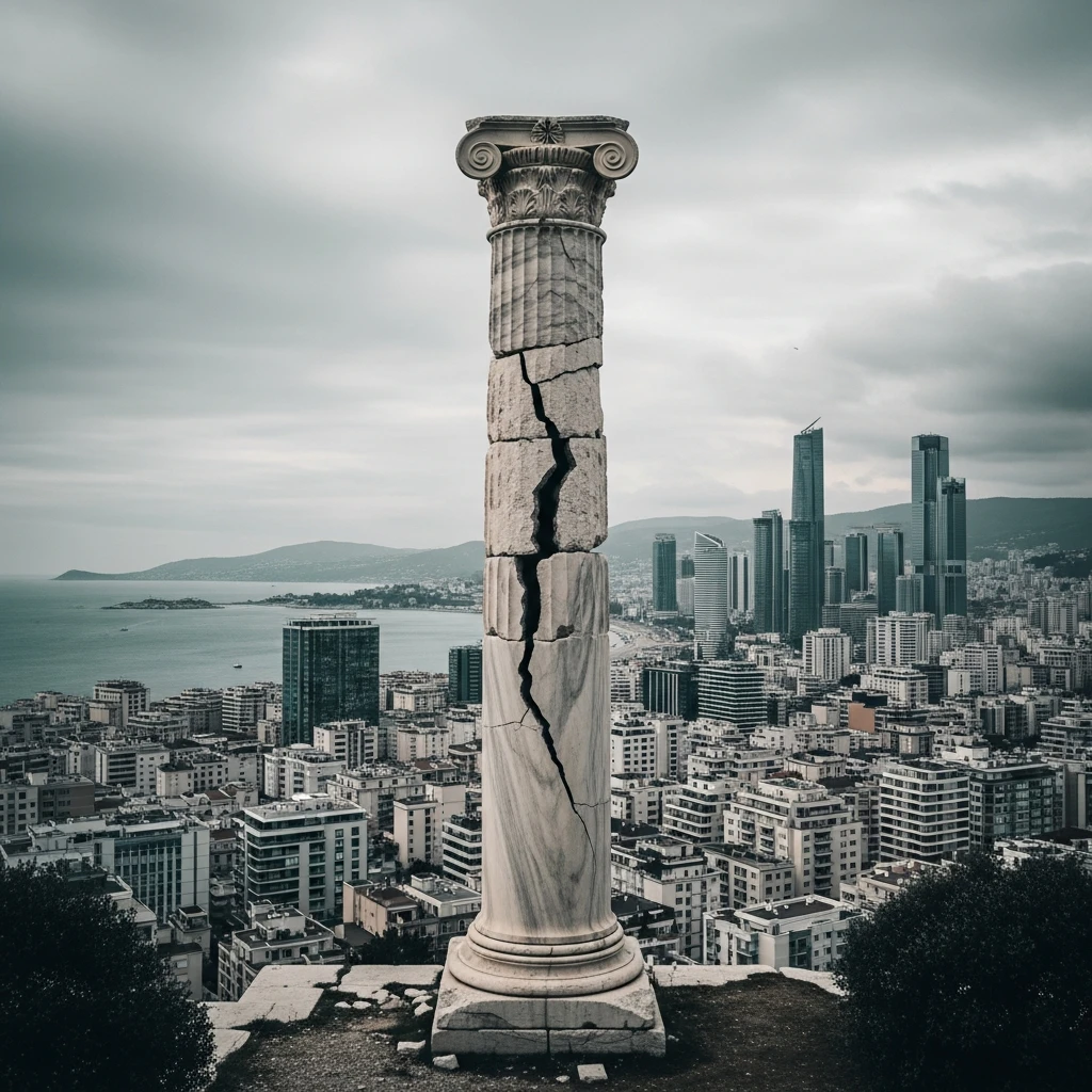 Cinematic shot of a cracked column in a modern Asian coastal city, symbolizing the clash between human structures and tectonic forces.