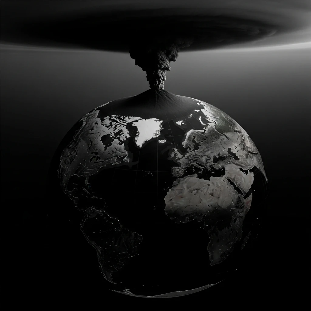 Artistic image showing a massive, dark volcanic plume casting a shadow across a map of the Earth, symbolizing global darkness.