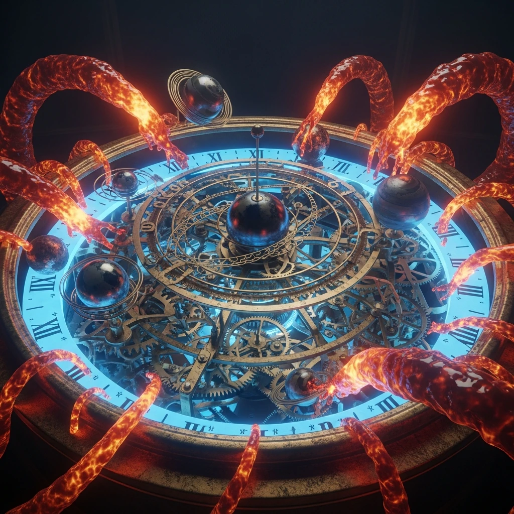 Detailed photorealistic image of complex clockwork gears being disrupted by creeping, luminous orange energy, symbolizing climate feedback loops.