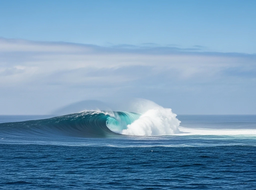 Cinematic shot of a gigantic, towering tsunami wave forming in the open ocean due to a massive volcano landslide.