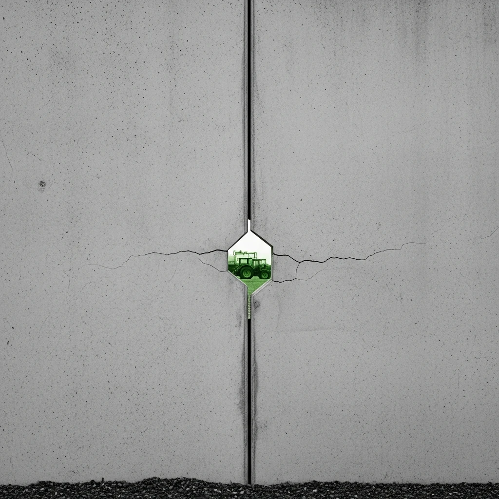 Monochromatic photo of a crack in a concrete wall revealing a blurred, industrial scene.