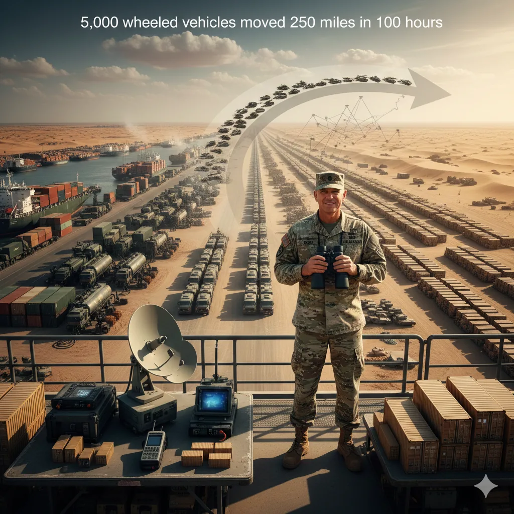 Massive Desert Storm logistics operation with vehicles and supplies