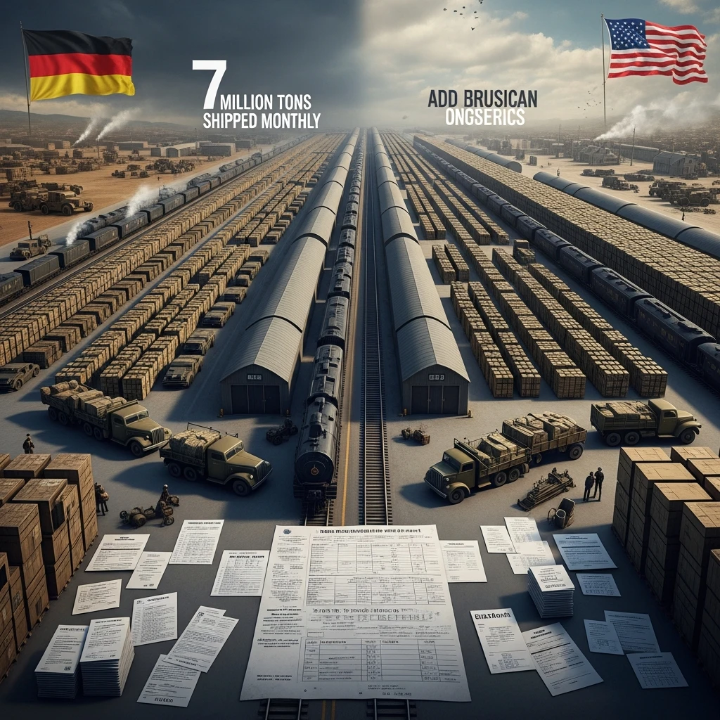American supply depot with stacked materiel stretching to horizon