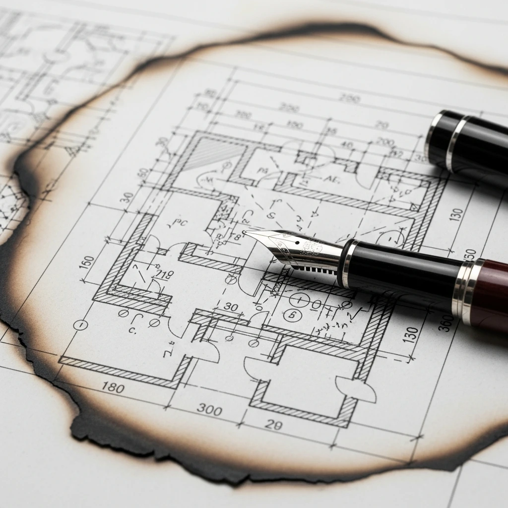 A burnt architectural blueprint with a broken fountain pen on it.