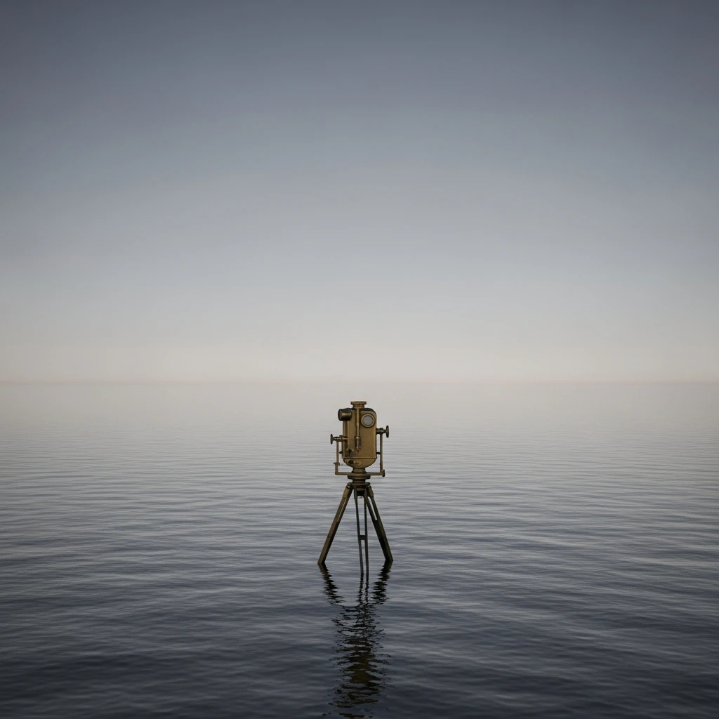 A lone naval rangefinder on a tripod in the center of a vast, empty seascape.