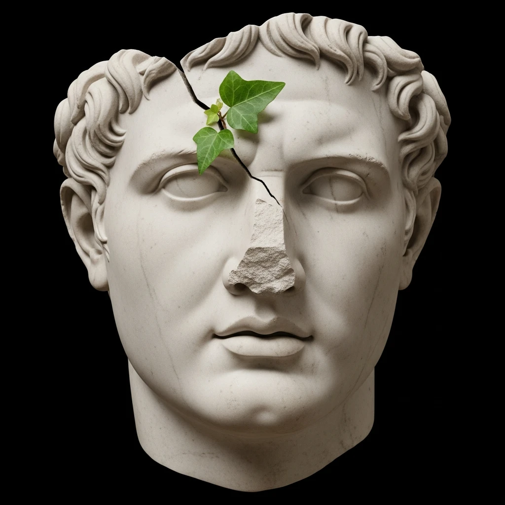 A stern Roman bust with cracked features, symbolizing rigid integrity.