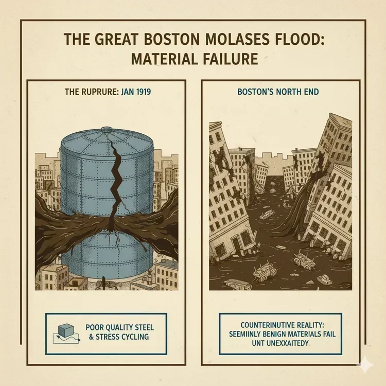 Illustration of the Boston Molasses Flood showing the tank rupture and resulting wave