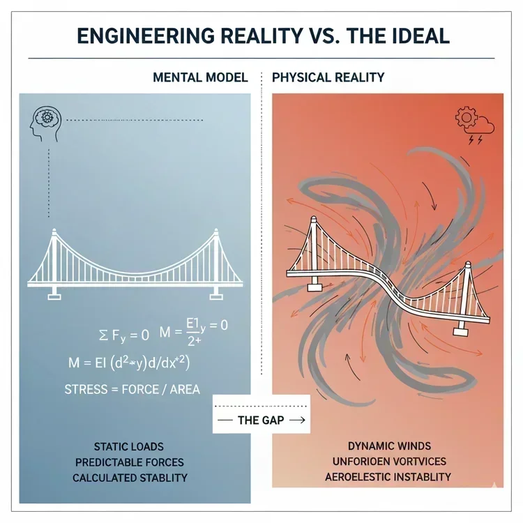 Conceptual illustration contrasting a bridge designer&rsquo;s theoretical mental model with the chaotic reality of wind-induced aerodynamic instability