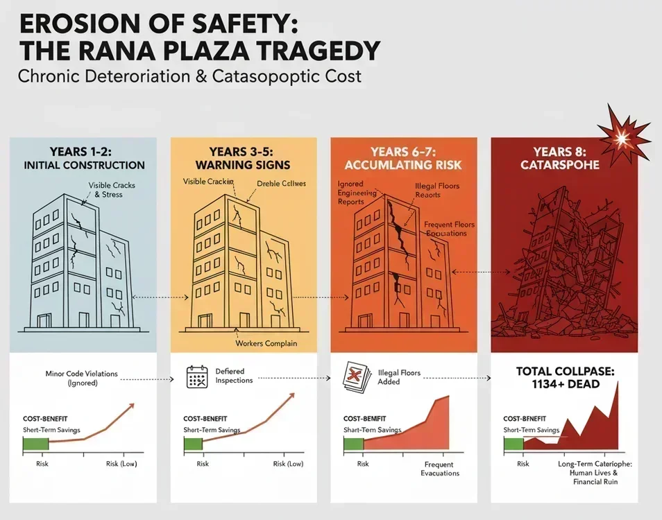 Cascade diagram illustrating how a small 400-foot surveying coordinate error led to the massive Lake Peigneur disaster, showing the sequence from error to catastrophic lake drainage