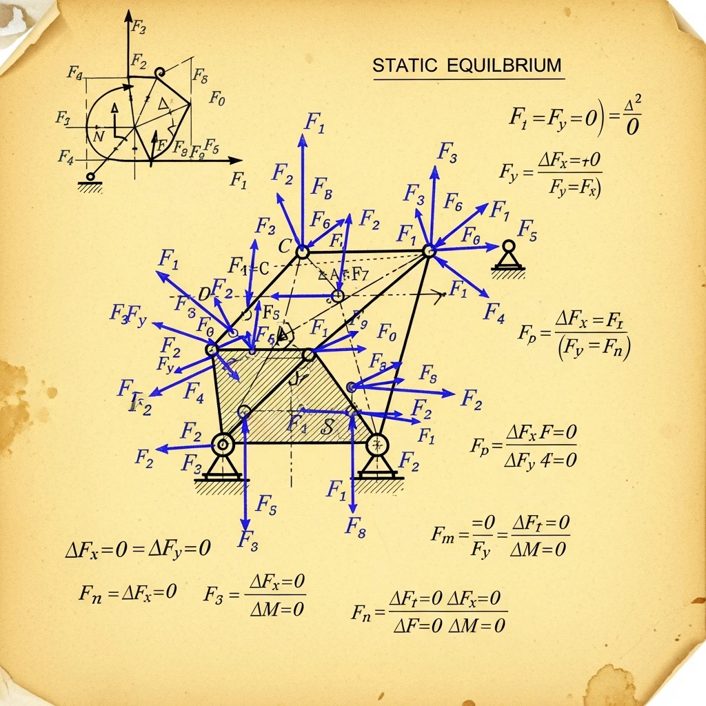Diagram illustrating a rigid body in static equilibrium under vector forces.