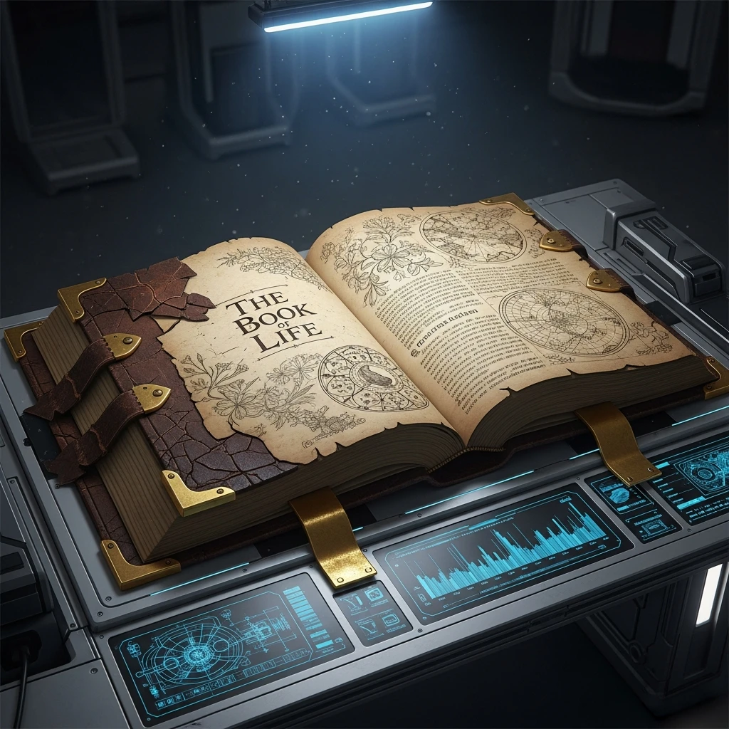 Book of life open on engineering table symbolizing nature as mentor.