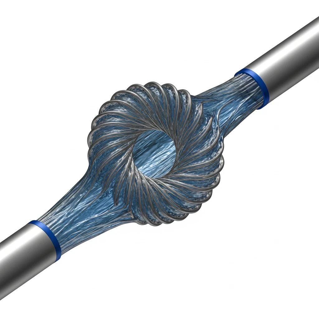 Spiral geometry disrupting straight industrial pipework in turbulent flow.