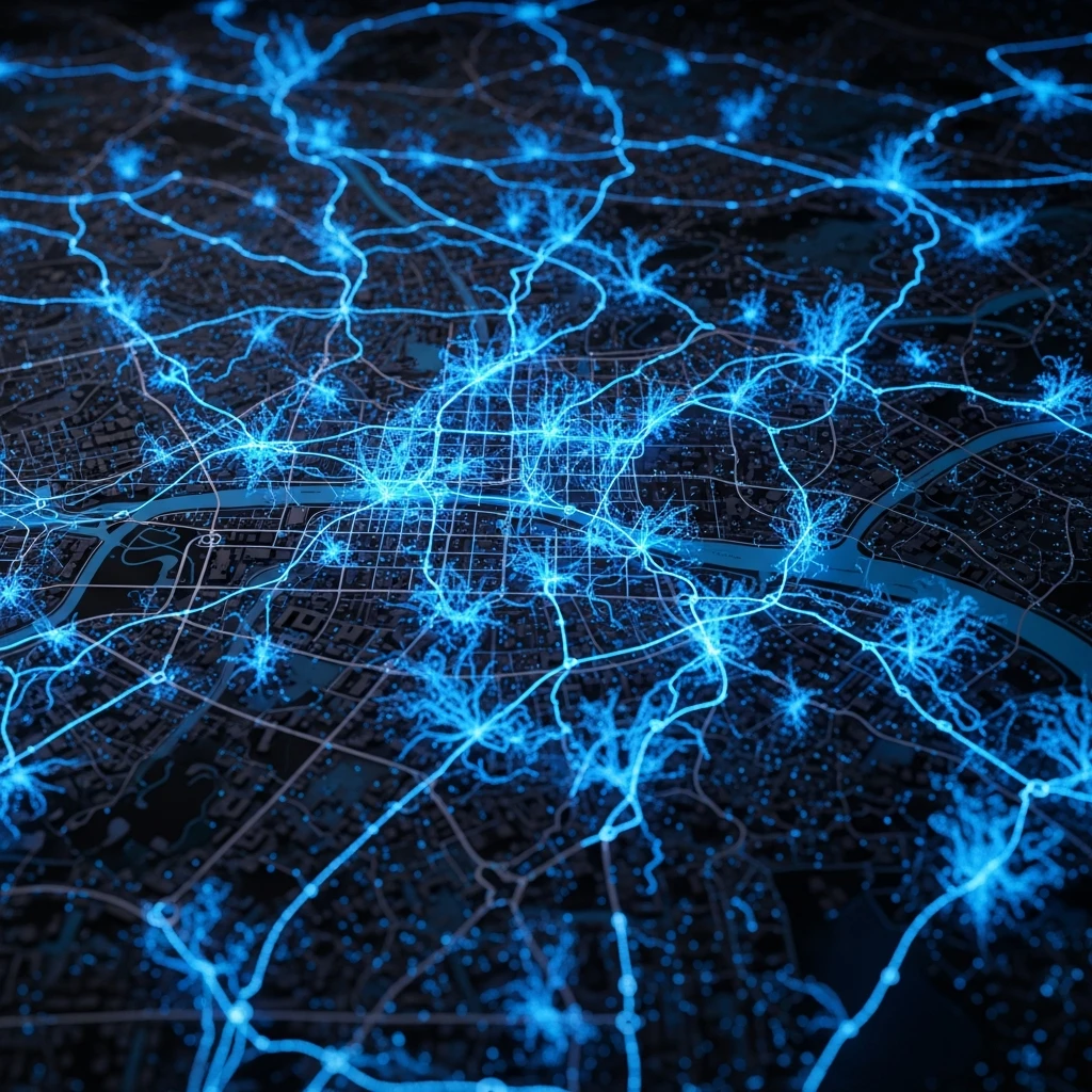 Bioluminescent fungal network growing over a stylized city map.