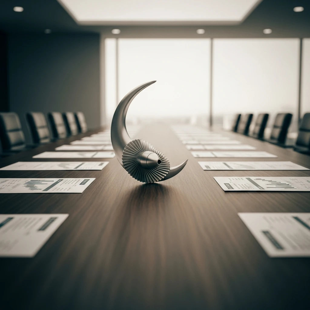 Small, curved propeller model isolated on a large boardroom table.