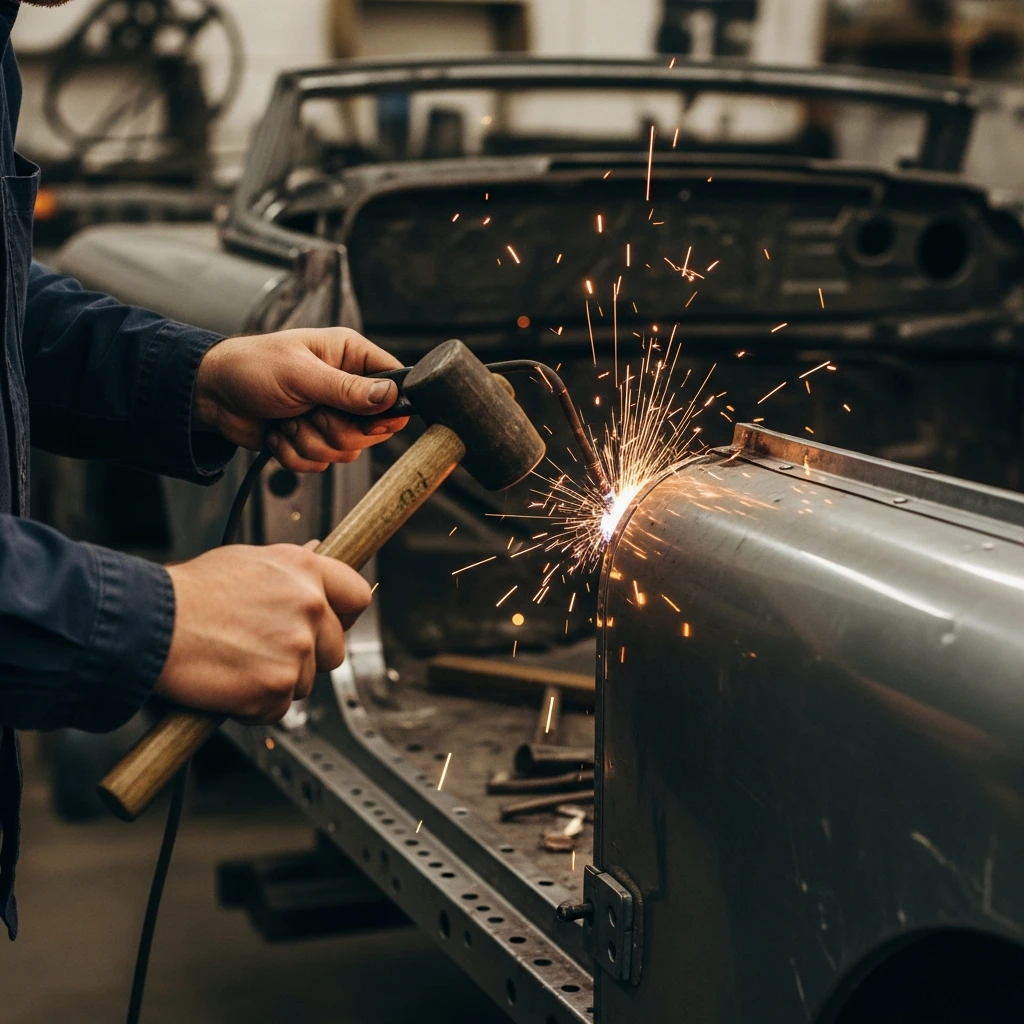 A close-up of hands using traditional tools to shape a metal car body panel in a workshop.