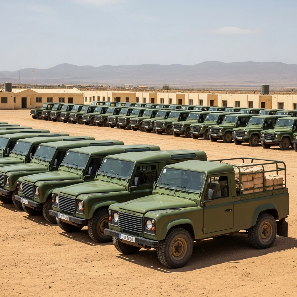 A row of military-style Land Rovers parked at a United Nations base in a desert environment.