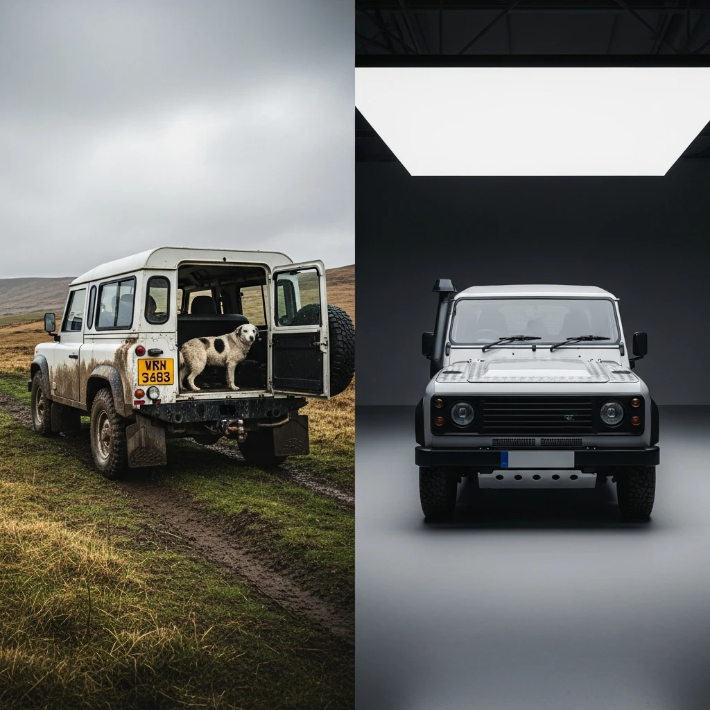 A diptych showing a dirty Land Rover on a farm and a clean, display-ready Land Rover in a modern garage.