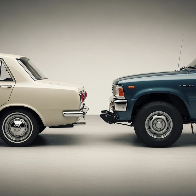 A side-by-side comparison of a vintage Toyota Corona car and an early model Toyota Hilux pickup, showing their similar underlying structure.