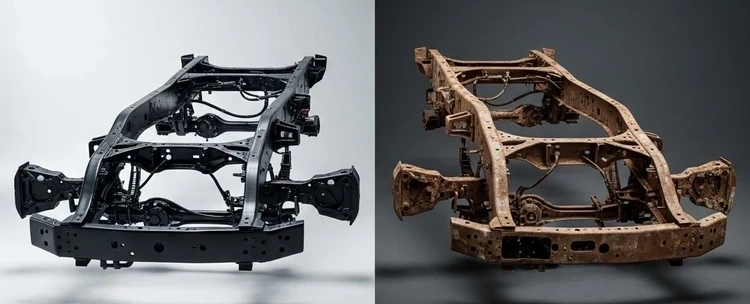 A comparison between a brand new, silver vehicle chassis and a heavily used, rusted, and bent chassis of the same model.