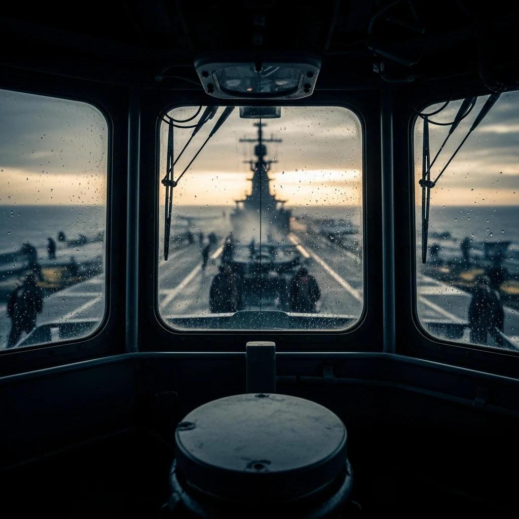 A chaotic aircraft carrier deck seen through rain-streaked windows at dawn.