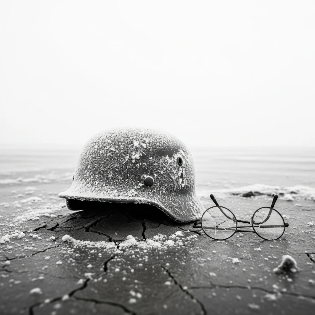 A frozen WWII German helmet and broken glasses in cracked mud.