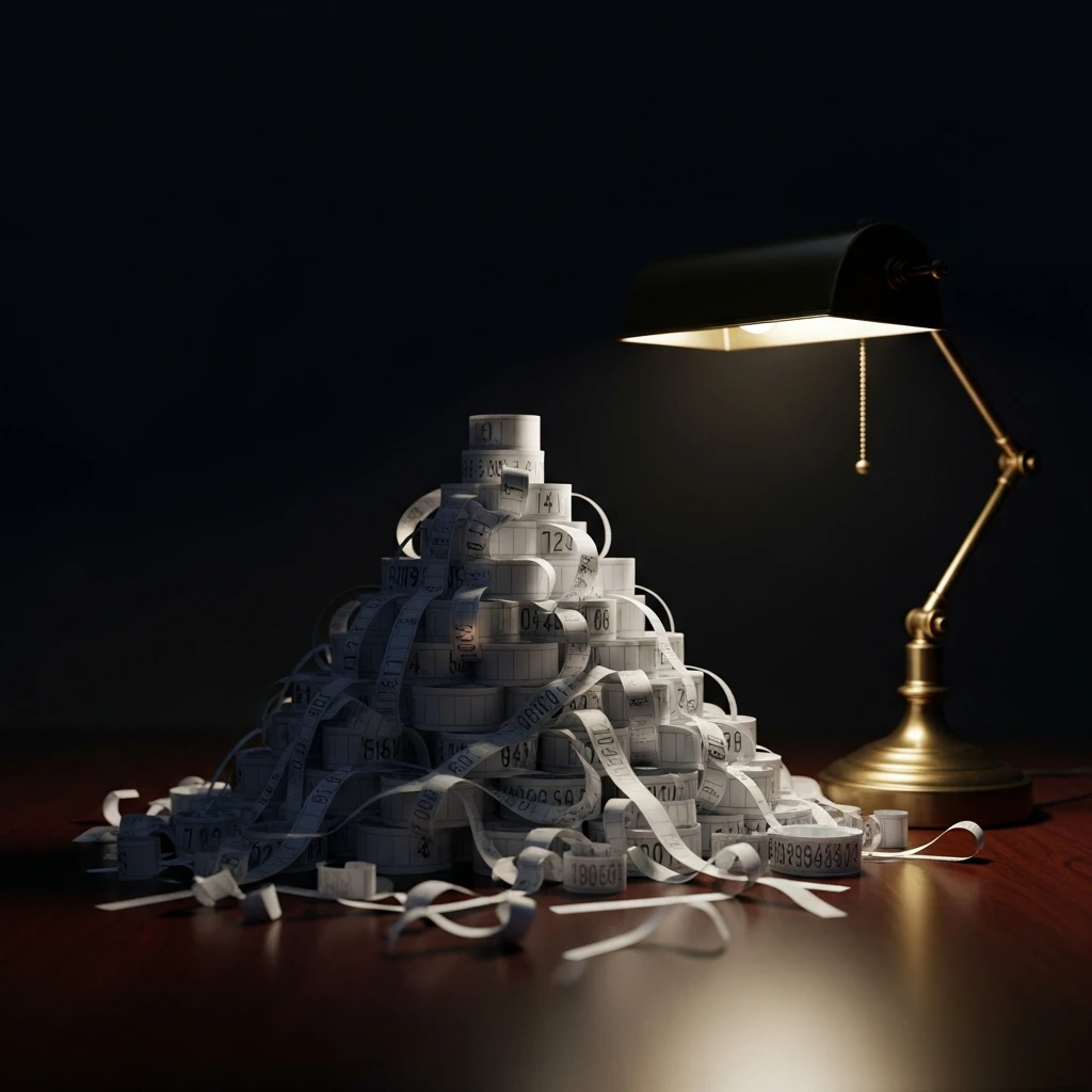 A pyramid of blank stock ticker tape under a banker's lamp.