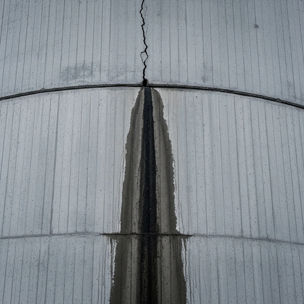 A close-up of a single crack seeping water in a concrete dam wall.