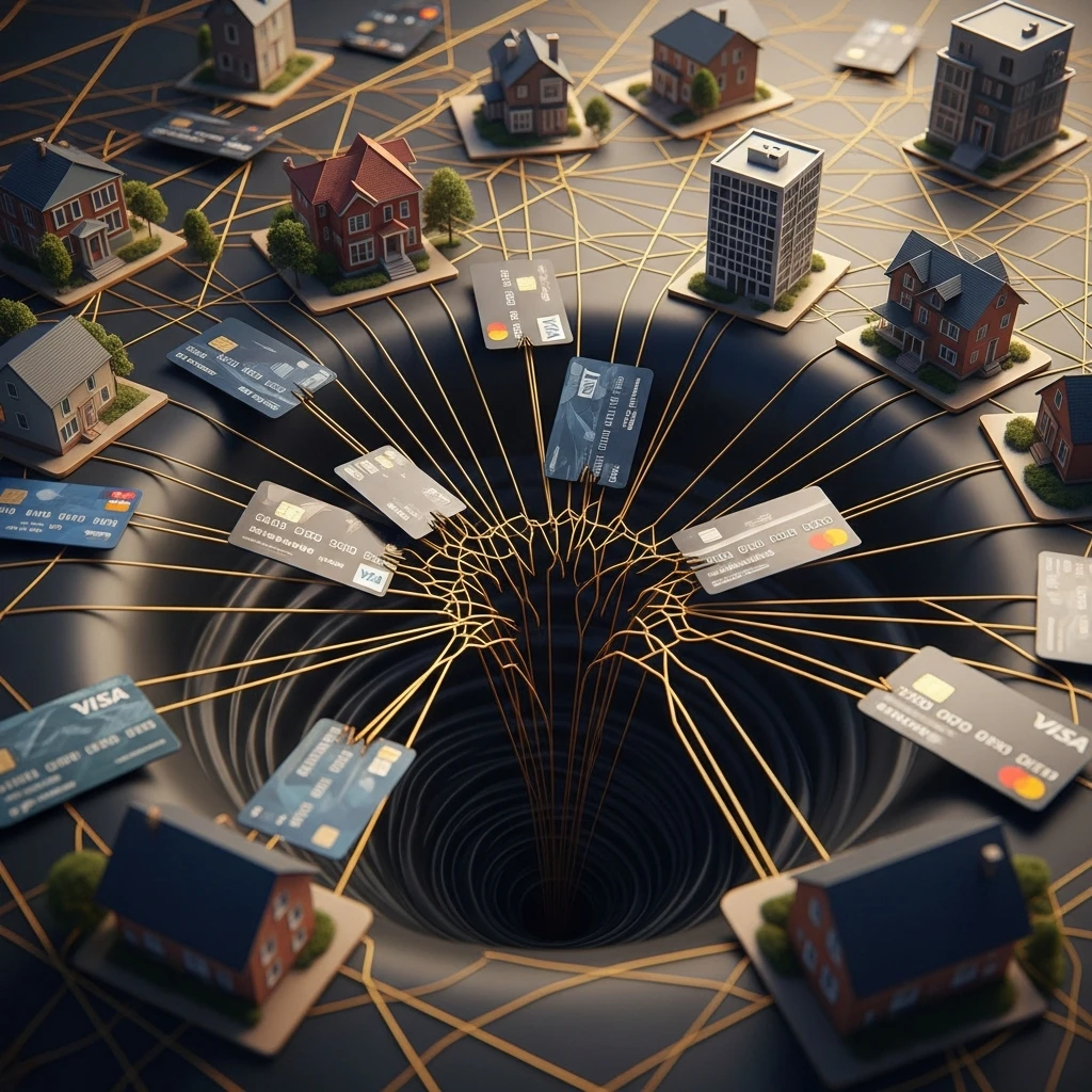 Metaphorical rendering of golden threads snapping between miniature houses and oversized credit cards, symbolizing economic system failure.
