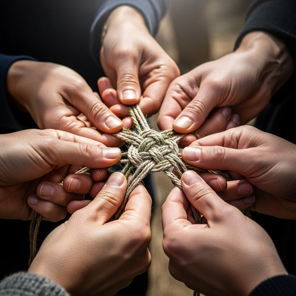 Hands of multiple individuals working together to tie a complex knot, symbolizing shared, culturally-evolved knowledge.