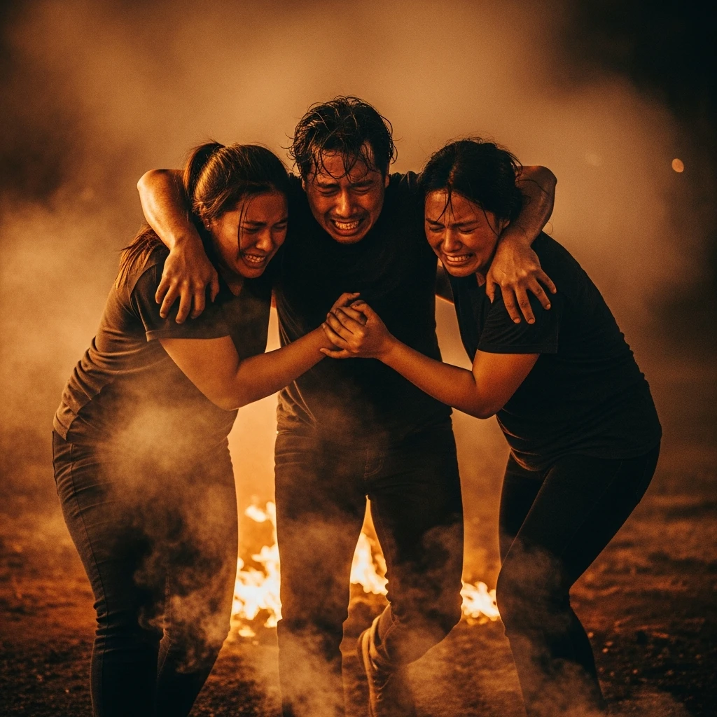 Group of people emerging from a ritualistic fire walk, showing exhaustion and strong physical bonding, surrounded by smoke and embers.