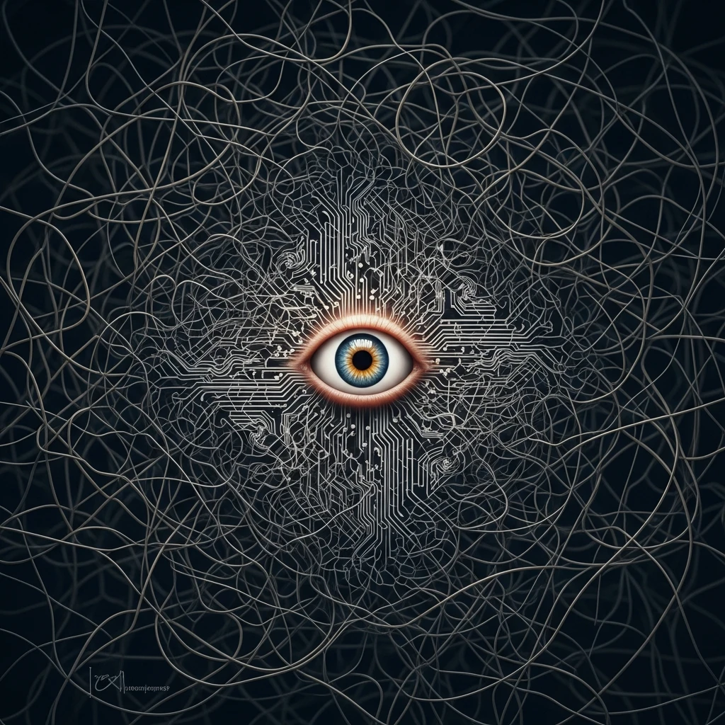 Stylized engineering diagram showing a complex network with one point of clear human focus, representing mindful vigilance.