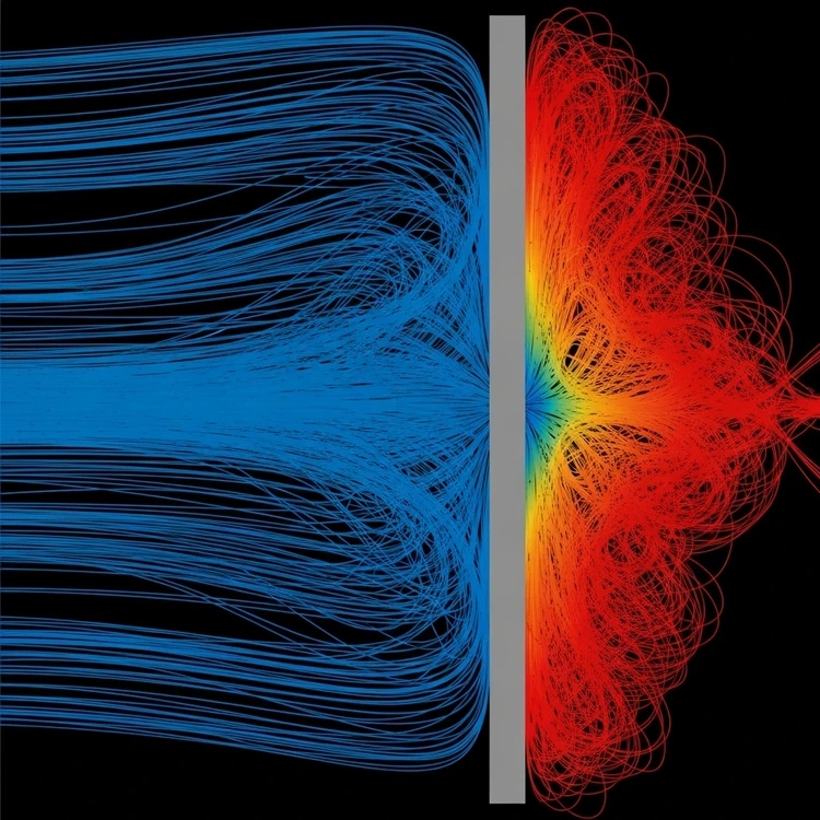 A scientific visualization showing smooth blue lines turning into chaotic red swirls as they hit a wall.