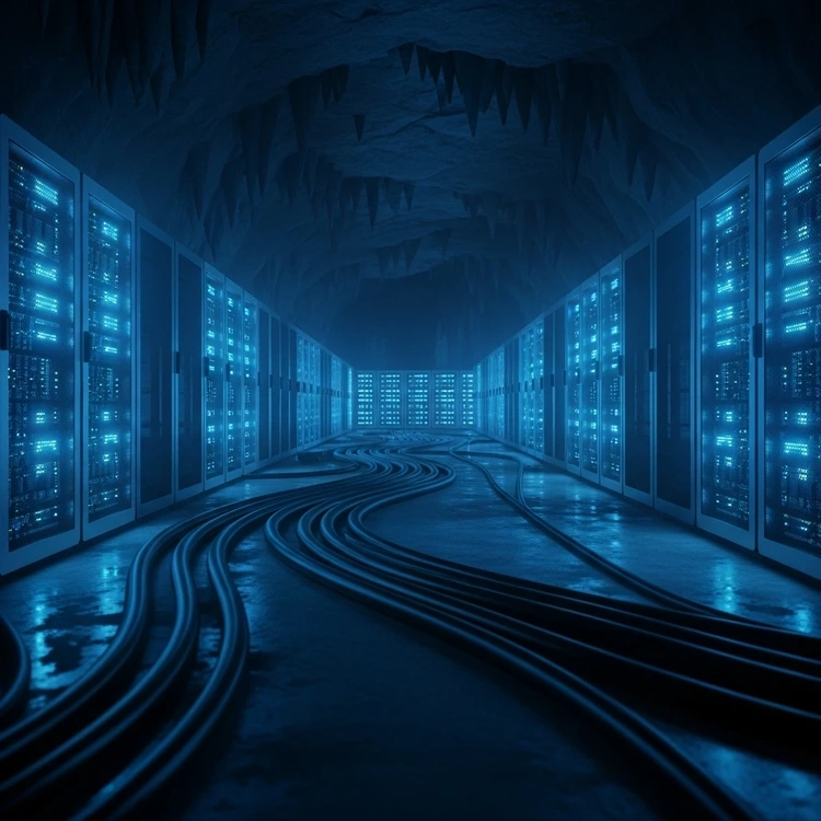A dark, high-tech data center basement with glowing servers and thick cables on the floor.