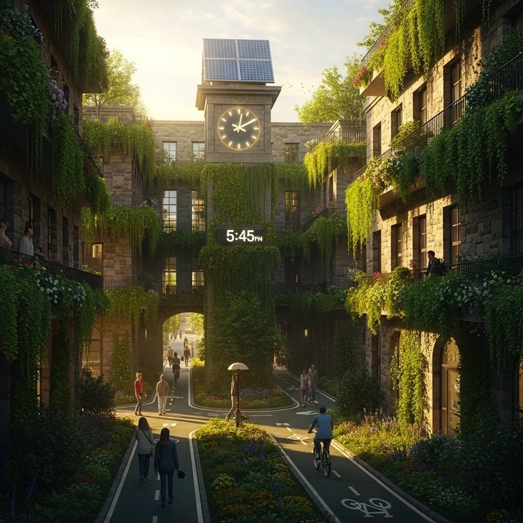 A beautiful, green city courtyard with stone buildings, plants, and people walking calmly in golden sunlight.