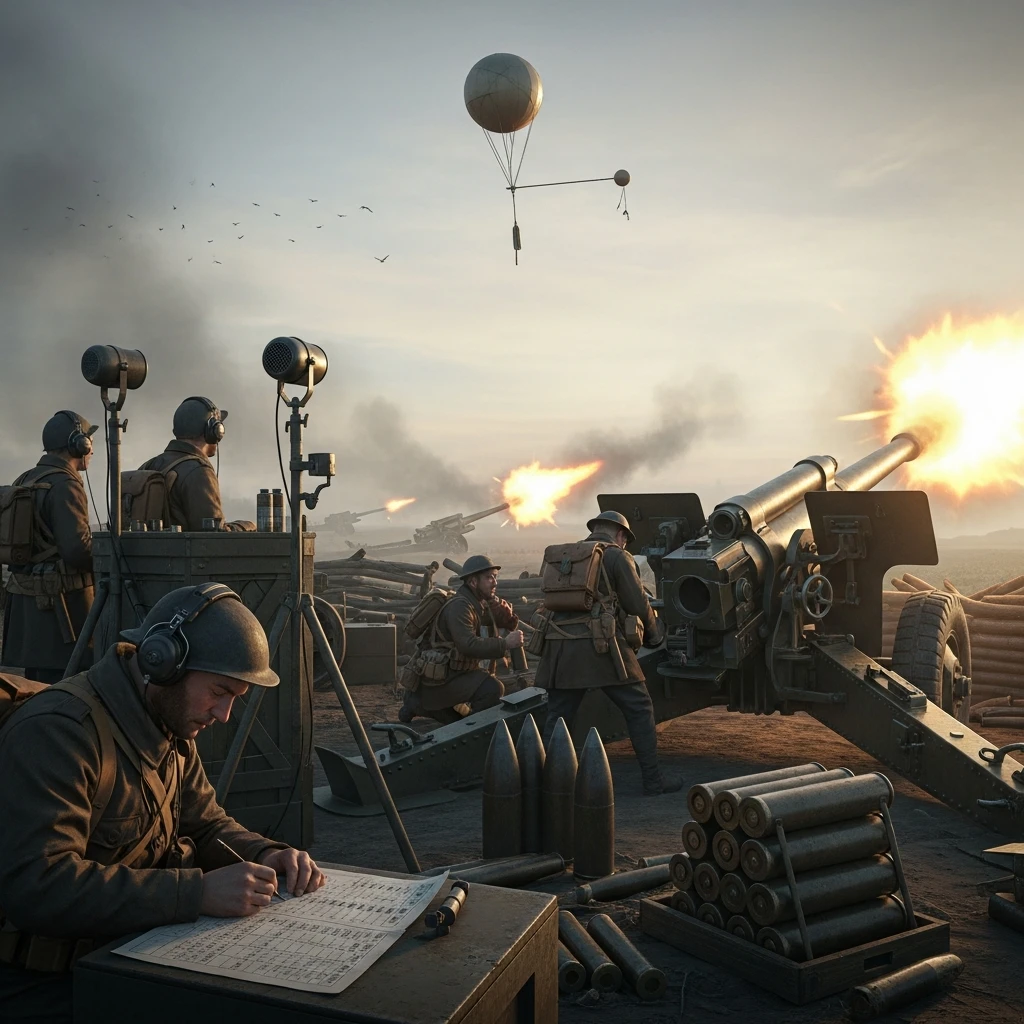 British artillery battery firing during a WWI barrage