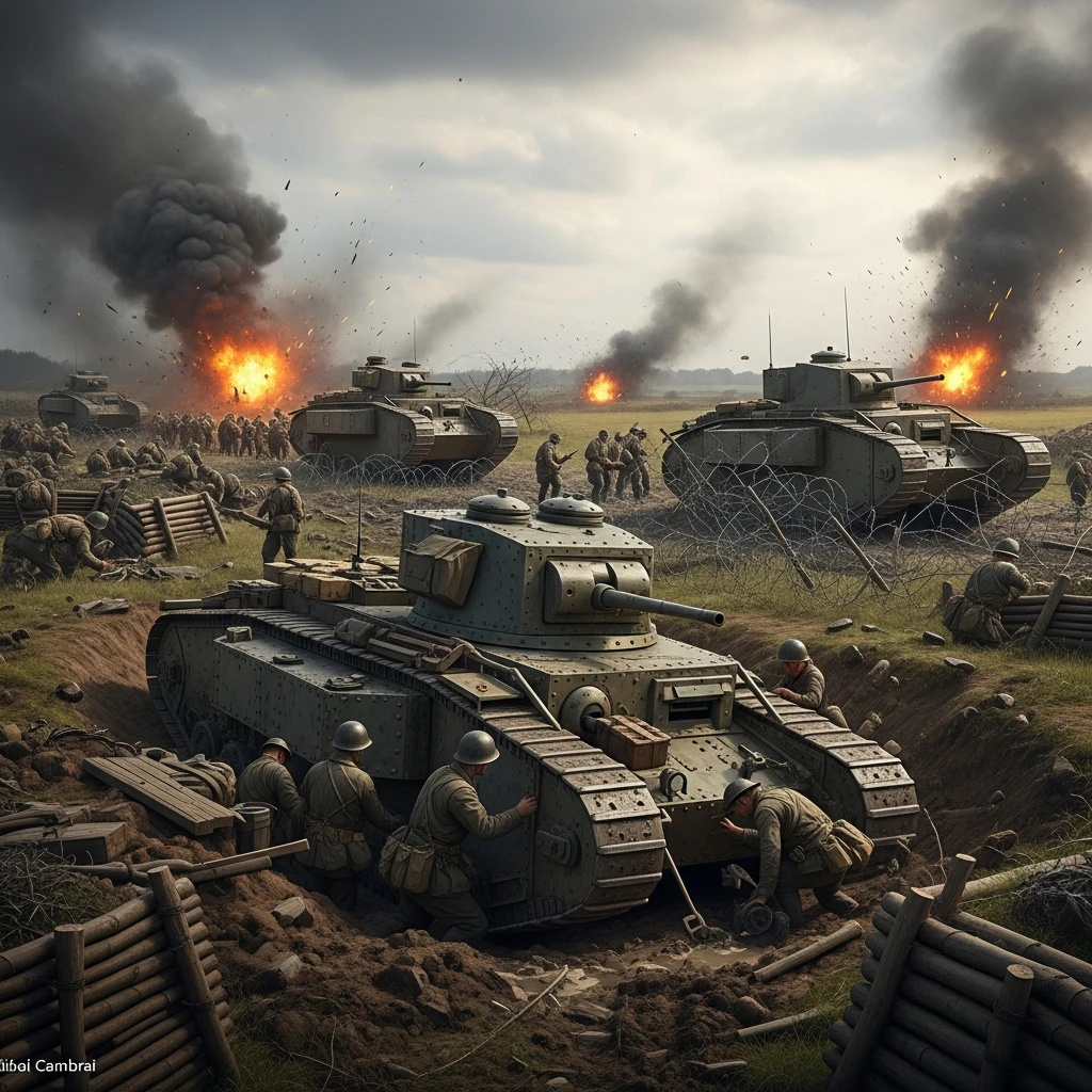 A WWI Mark IV tank stuck in mud with soldiers attempting to free it