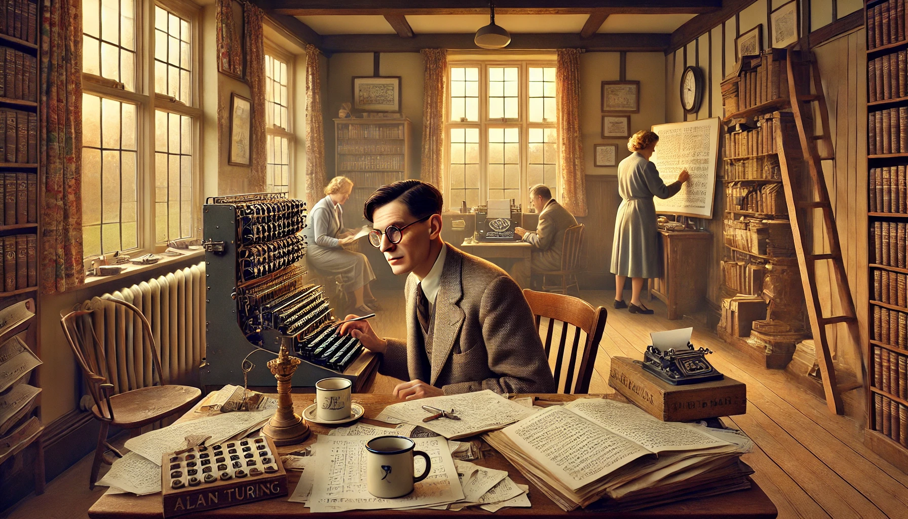 A diverse group of eccentric 1940s intellectuals working around an Enigma machine in a cluttered office