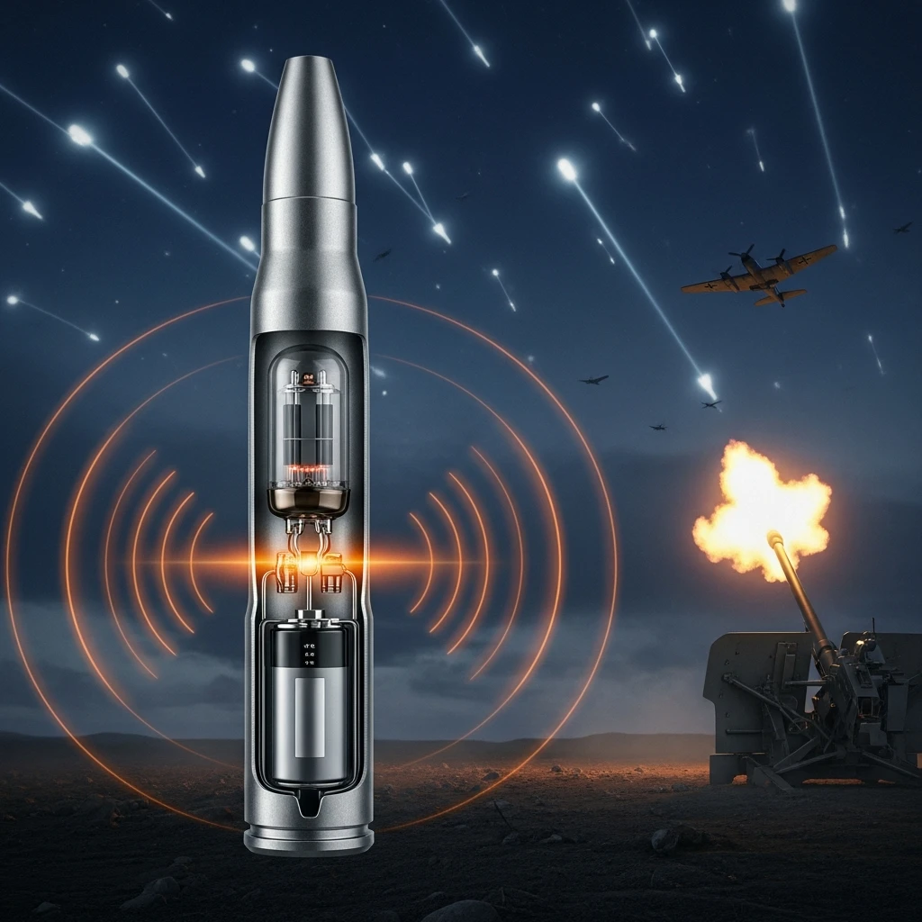 Cross-section of a proximity fuze showing miniaturized radio components inside an artillery shell