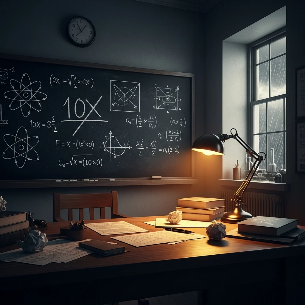 Werner Heisenberg at a chalkboard with nuclear equations, looking conflicted