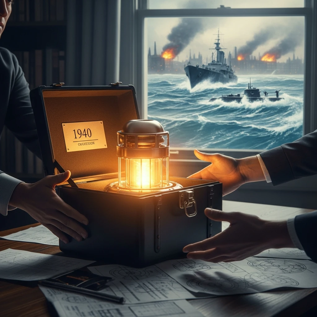 A black metal deed box being carefully opened, revealing the cavity magnetron inside