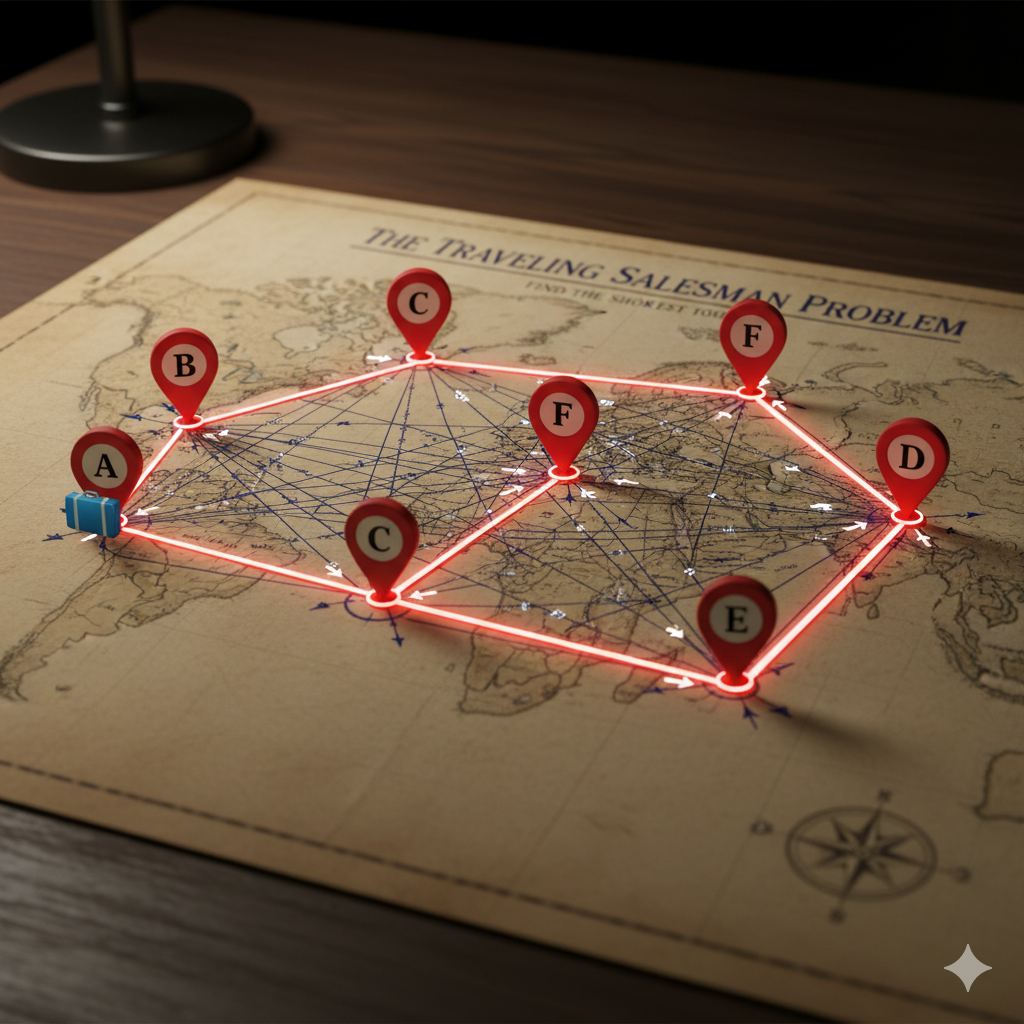 Traveling Salesperson Problem visualization showing optimal route through multiple cities